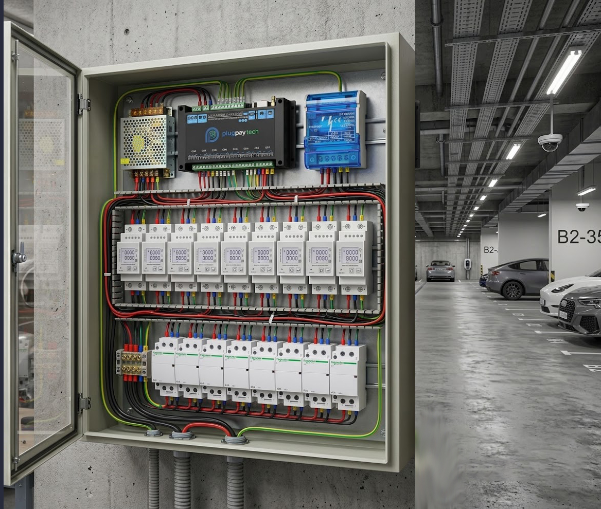Tablero medidor Plugpay 8CH para edificios con cocheras