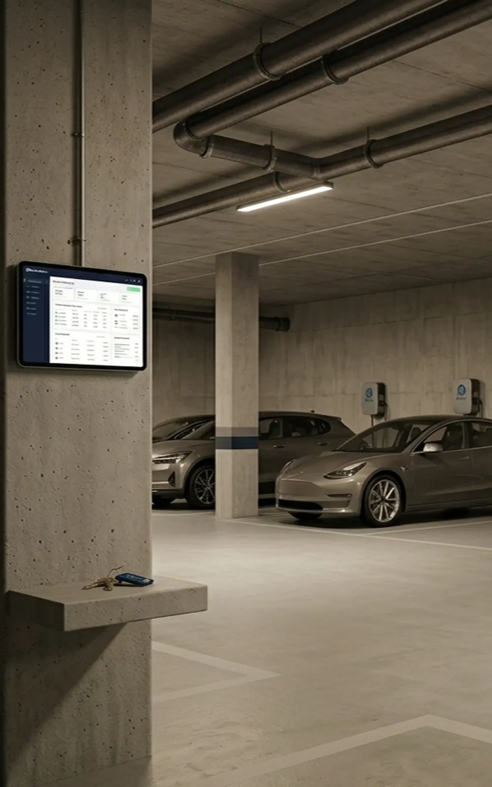 Auto eléctrico cargando en una cochera de edificio con un cargador plugpay dedicado