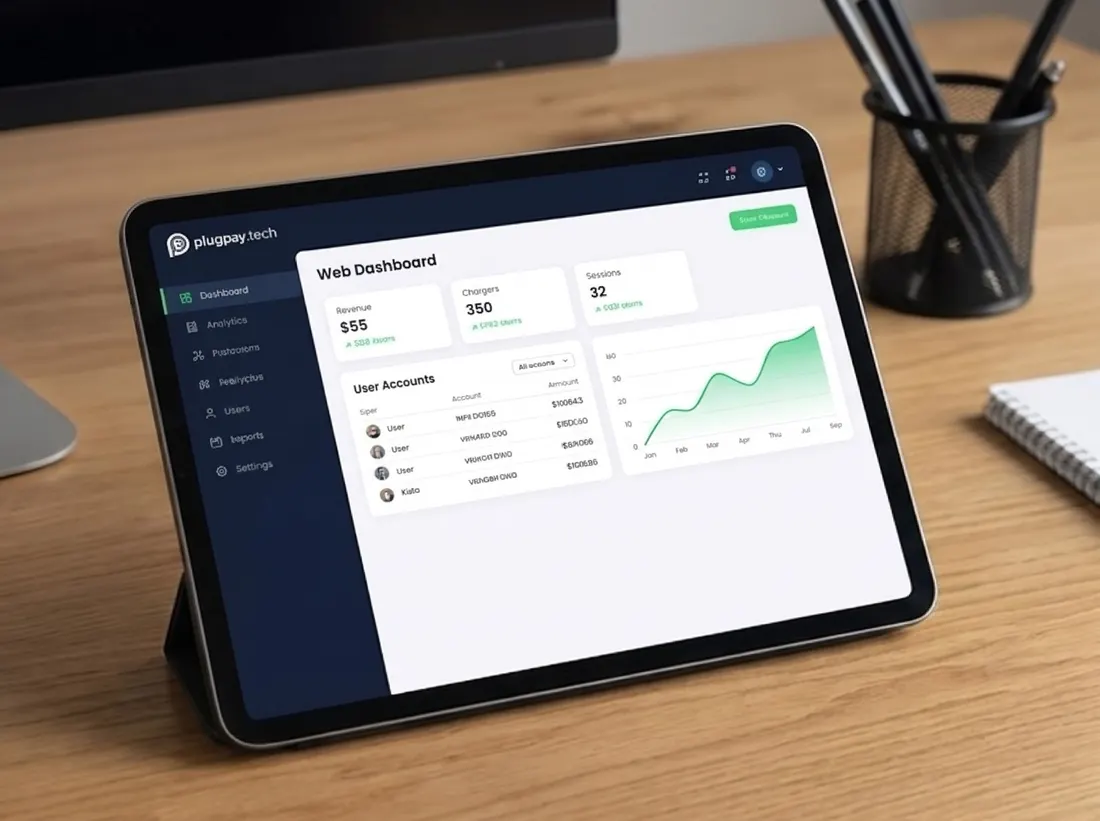 Dashboard de plugpay mostrando ingresos y sesiones de carga en un estacionamiento