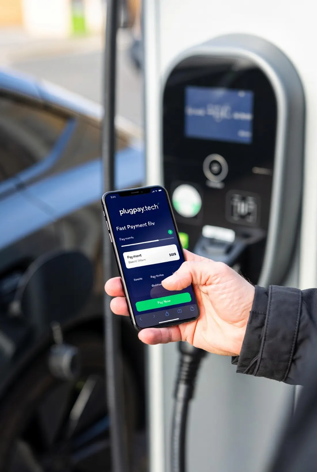 Persona pagando una carga desde el teléfono frente a un cargador con el isotipo plugpay