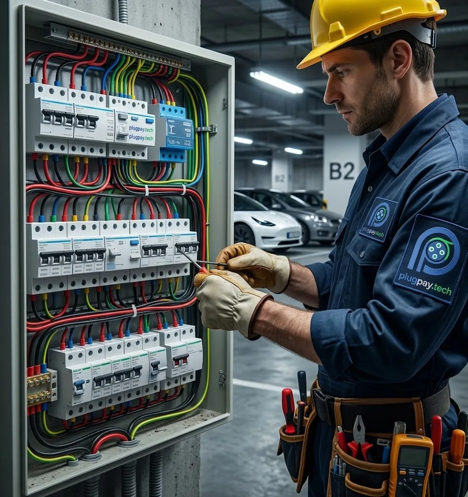 Instalador de plugpay.tech cableando un tablero eléctrico en la cochera de un edificio