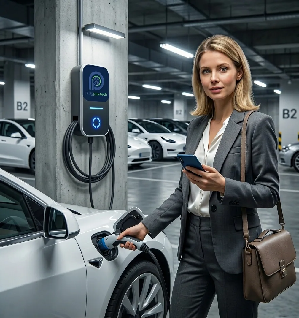 Mujer cargando su auto eléctrico en la cochera de un edificio mientras revisa el teléfono